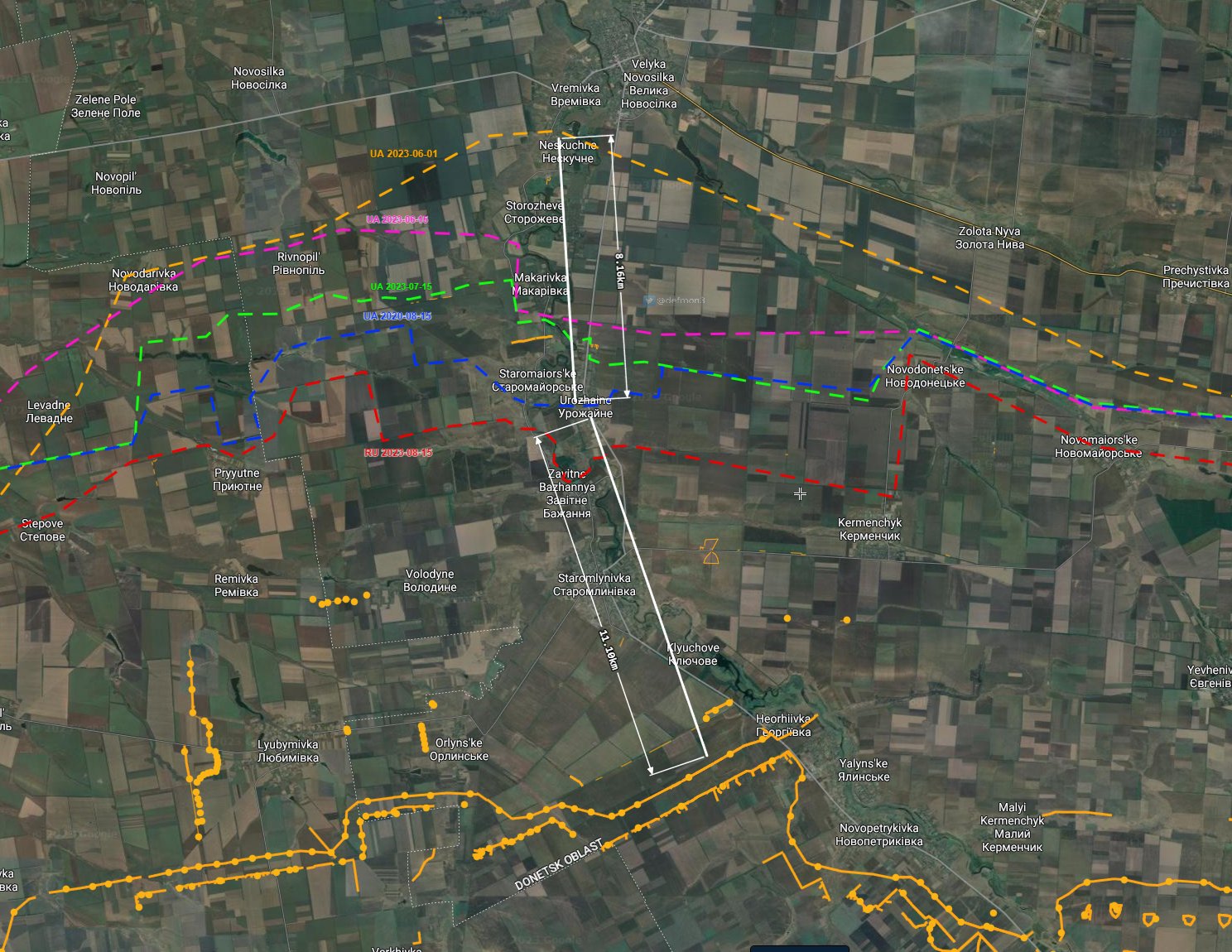 Продвижение украинских войск на Времевском выступе по месяцам по версии Def Mon