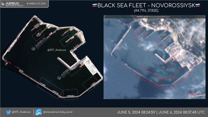 Спутниковый снимок военно-морской базы Новороссийск, 5–6 июня 2024 года
