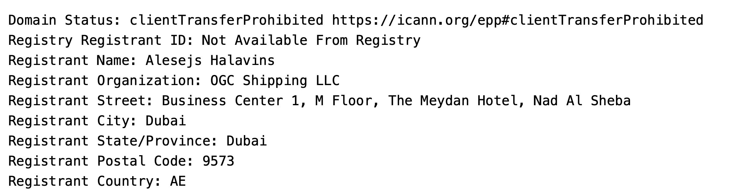 В качестве лица, зарегистрировавшего ресурс OGC Shipping, указан Alesejs Halavins