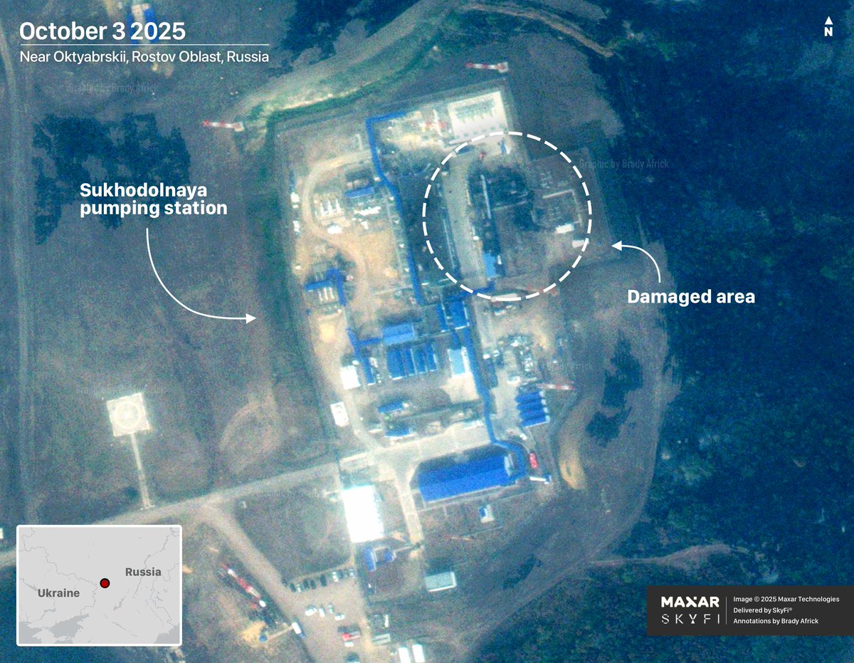 Спутниковый снимок последствий налета на нефтеперекачивающую станцию «Суходольная» в Ростовской области