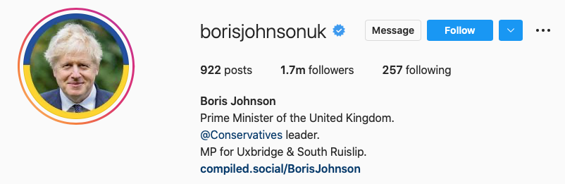 Хотя имя пользователя в Instagram читается как "Boris Johnson UK", его можно прочитать и как "Борис Джонсонюк"